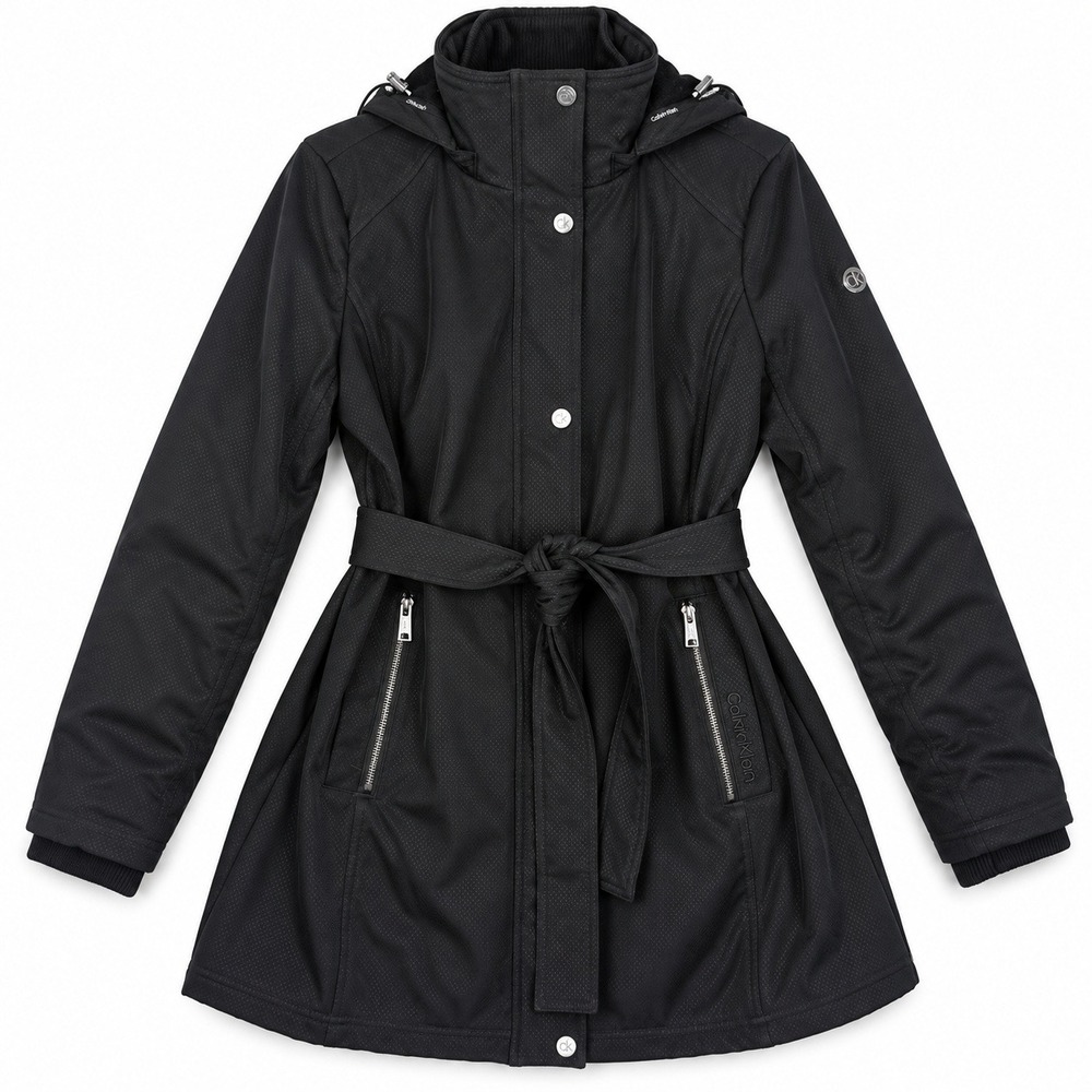 Calvin Klein Softshell Jacket Womens Black Water Resistant Hooded Belted Coat